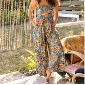 NATURAL LIFE Strapless Floral Jumpsuit in Blue and Orange